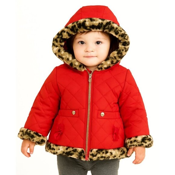 18 MONTHS Red CHEETAH TRIM PUFFER Jacket Coat Parka Winter Snow Pistachio Girls - Picture 1 of 14